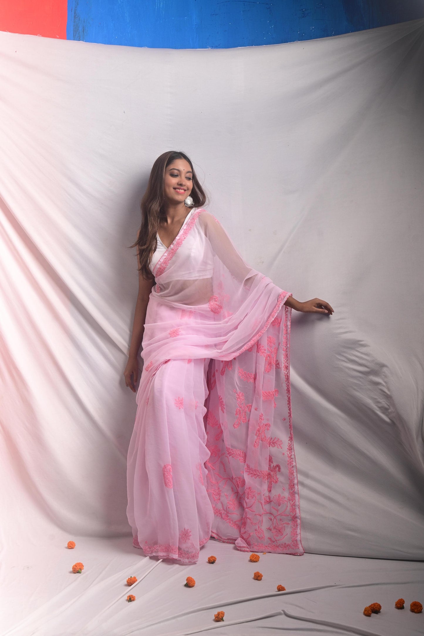 Pink Chikankari Saree