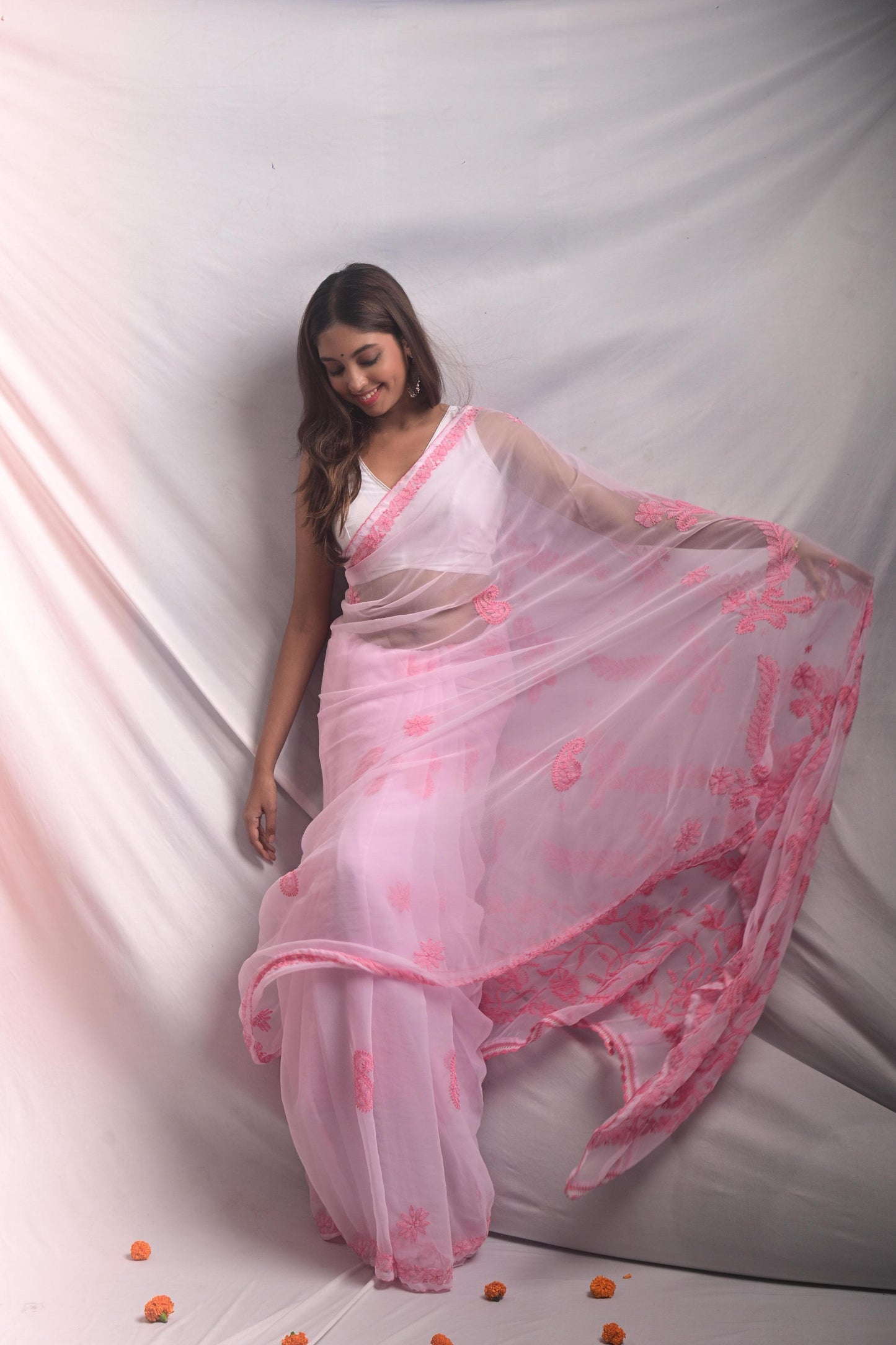 Pink Chikankari Saree