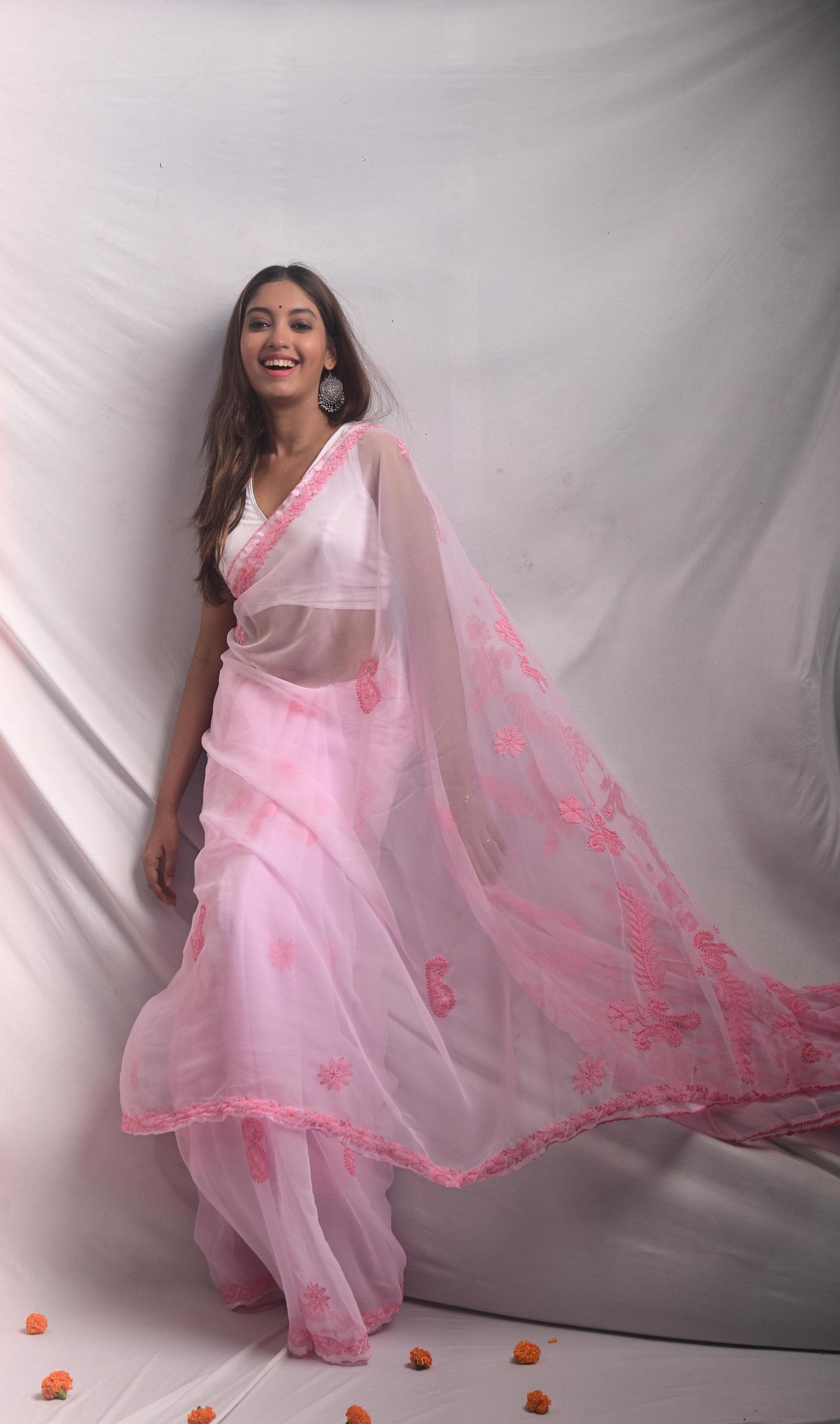 Pink Chikankari Saree