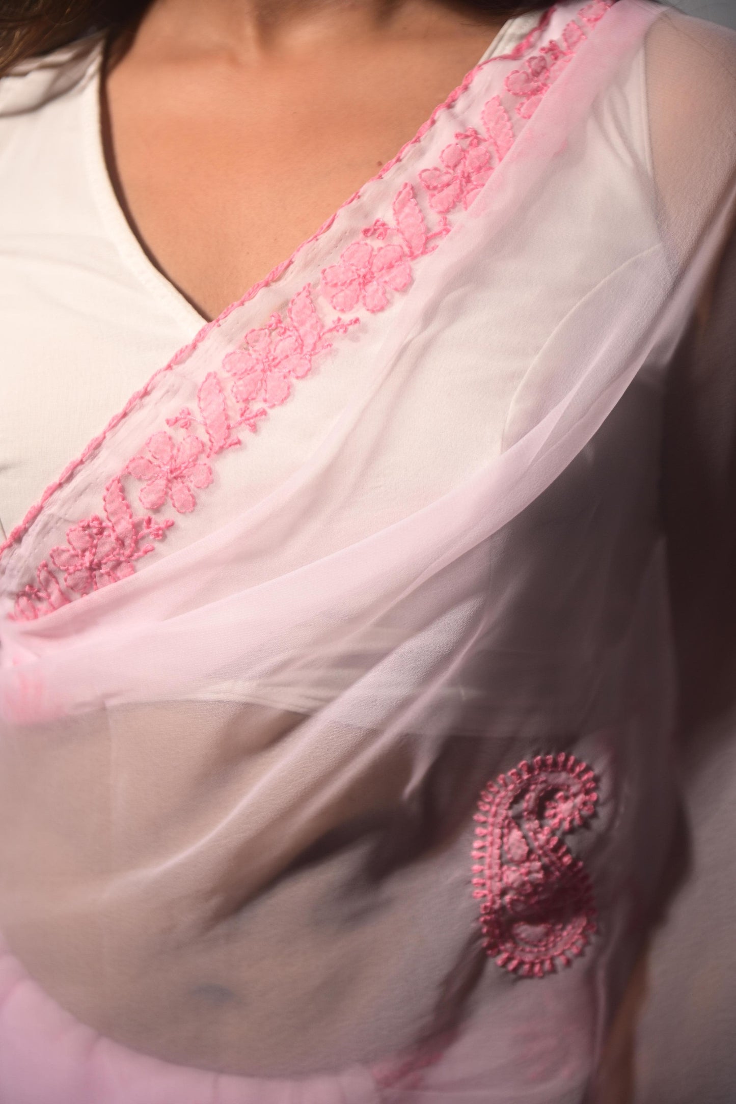 Pink Chikankari Saree