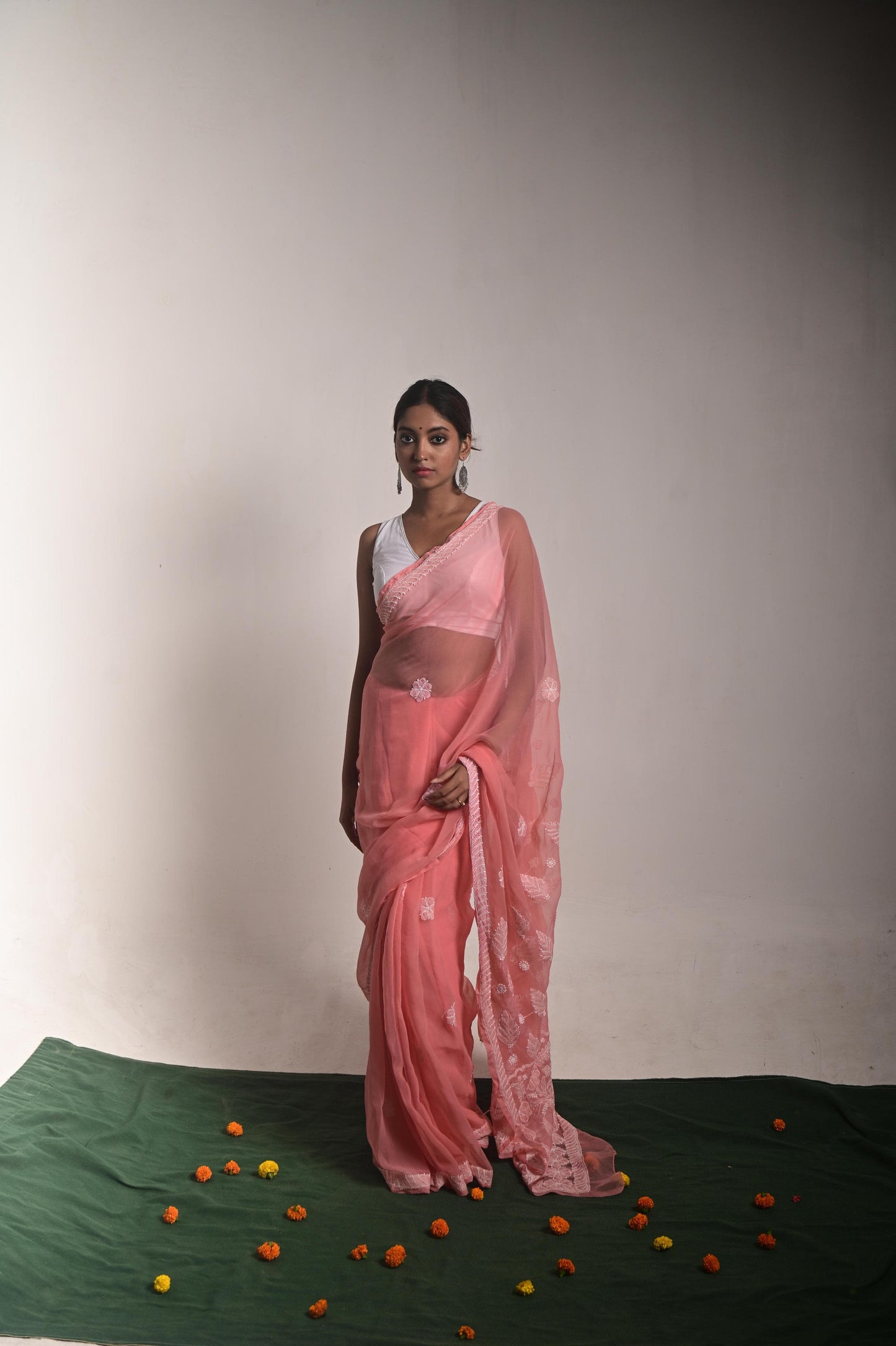 Peach Chikankari Saree
