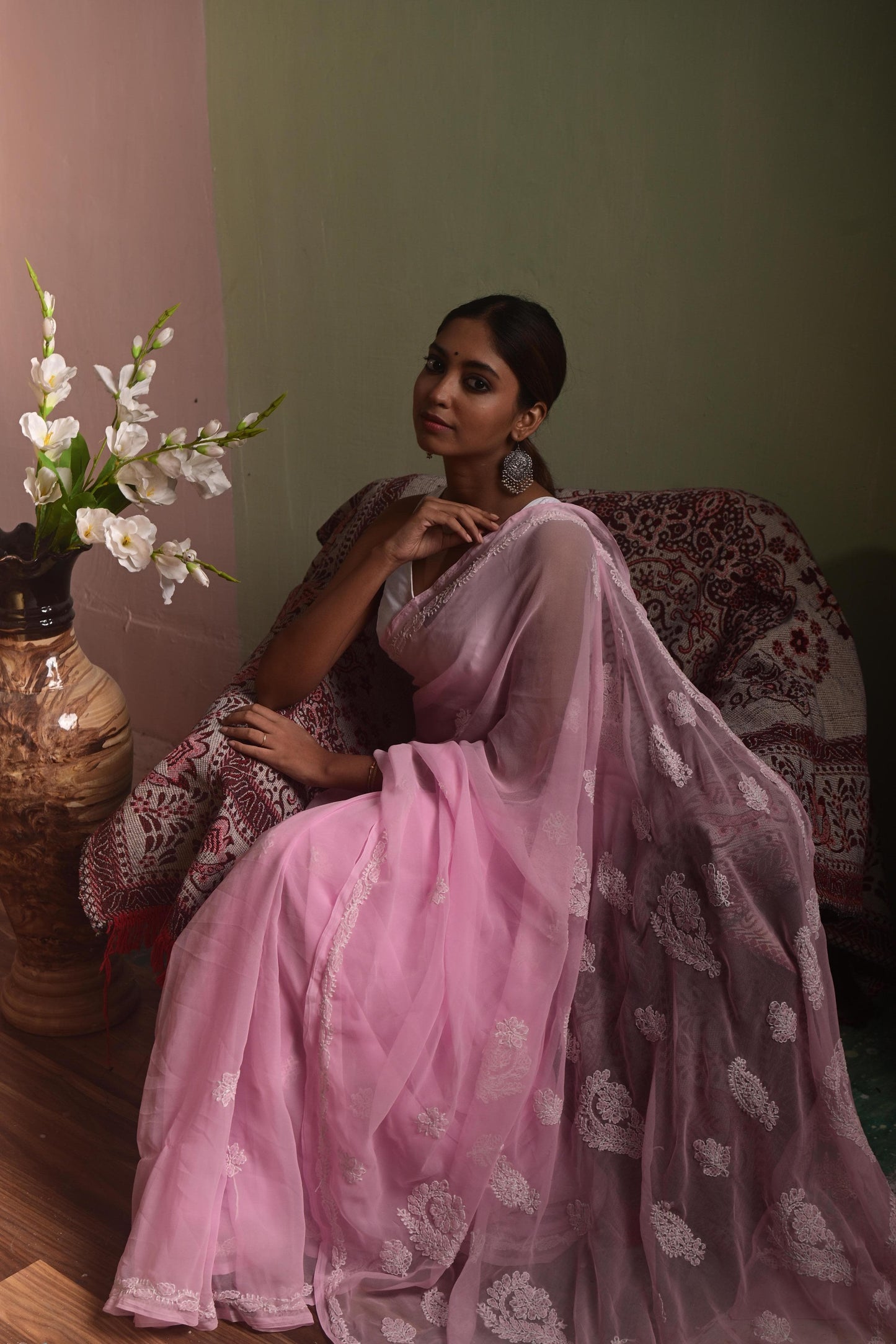 Light Baby Pink Chikankari Saree