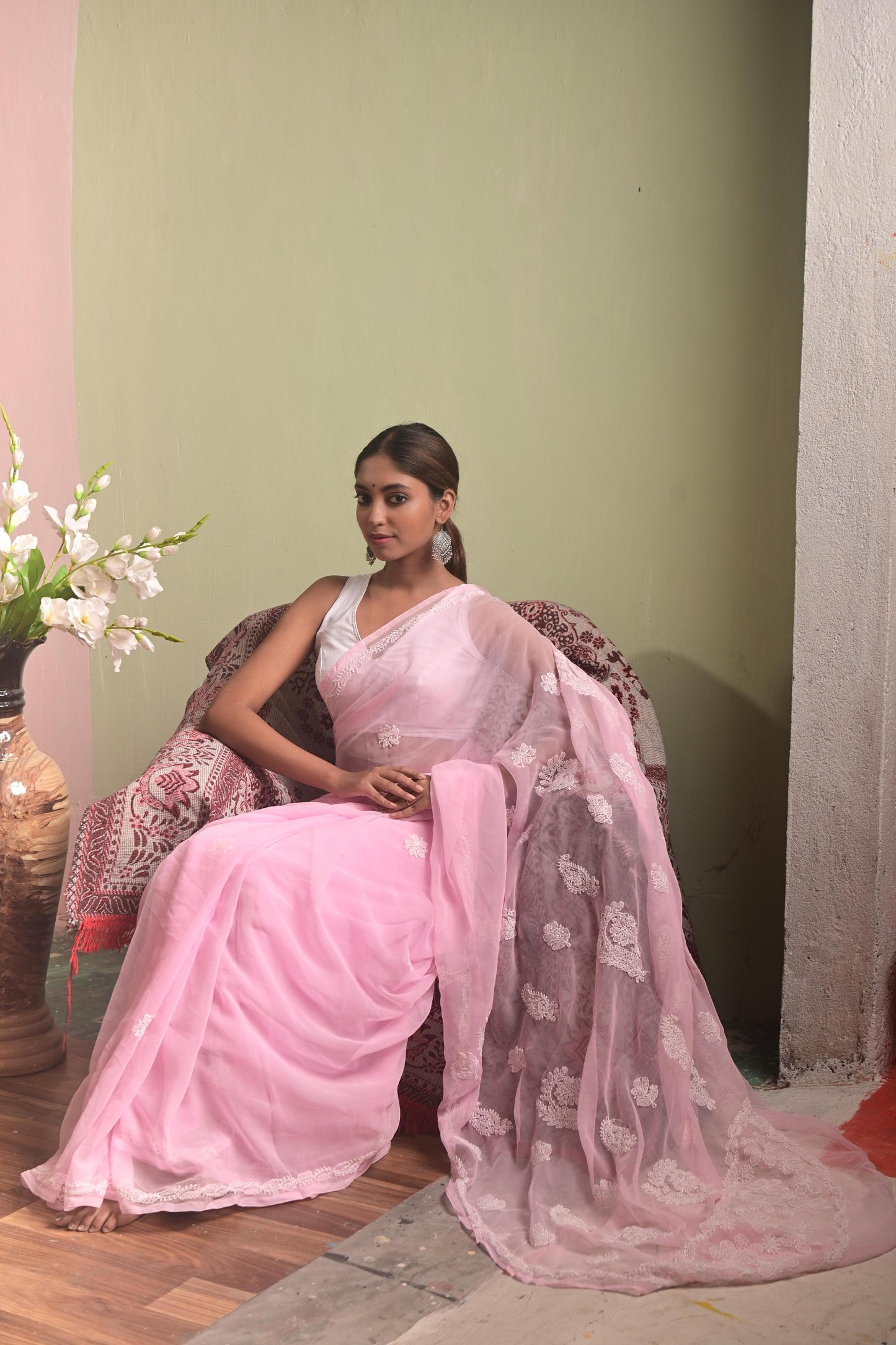 Light Baby Pink Chikankari Saree
