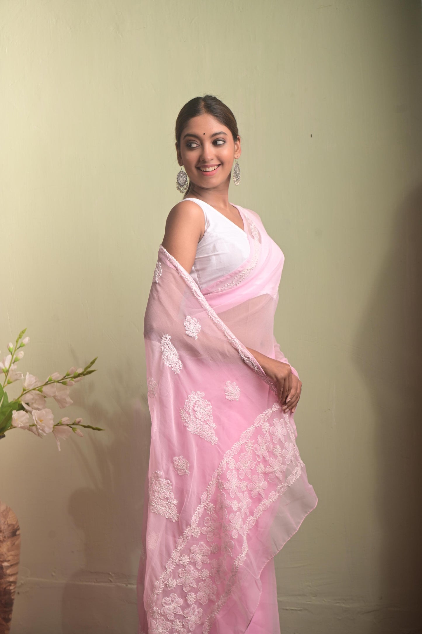 Light Baby Pink Chikankari Saree