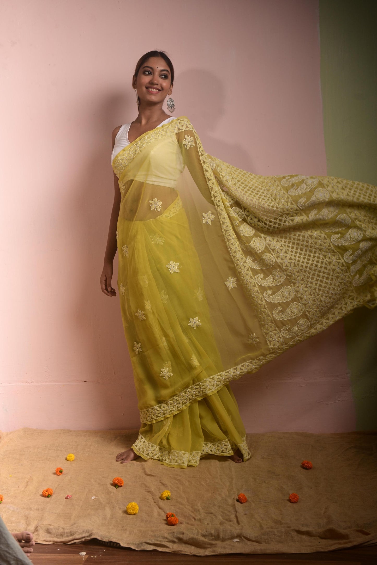 Pista Green Chikankari Saree