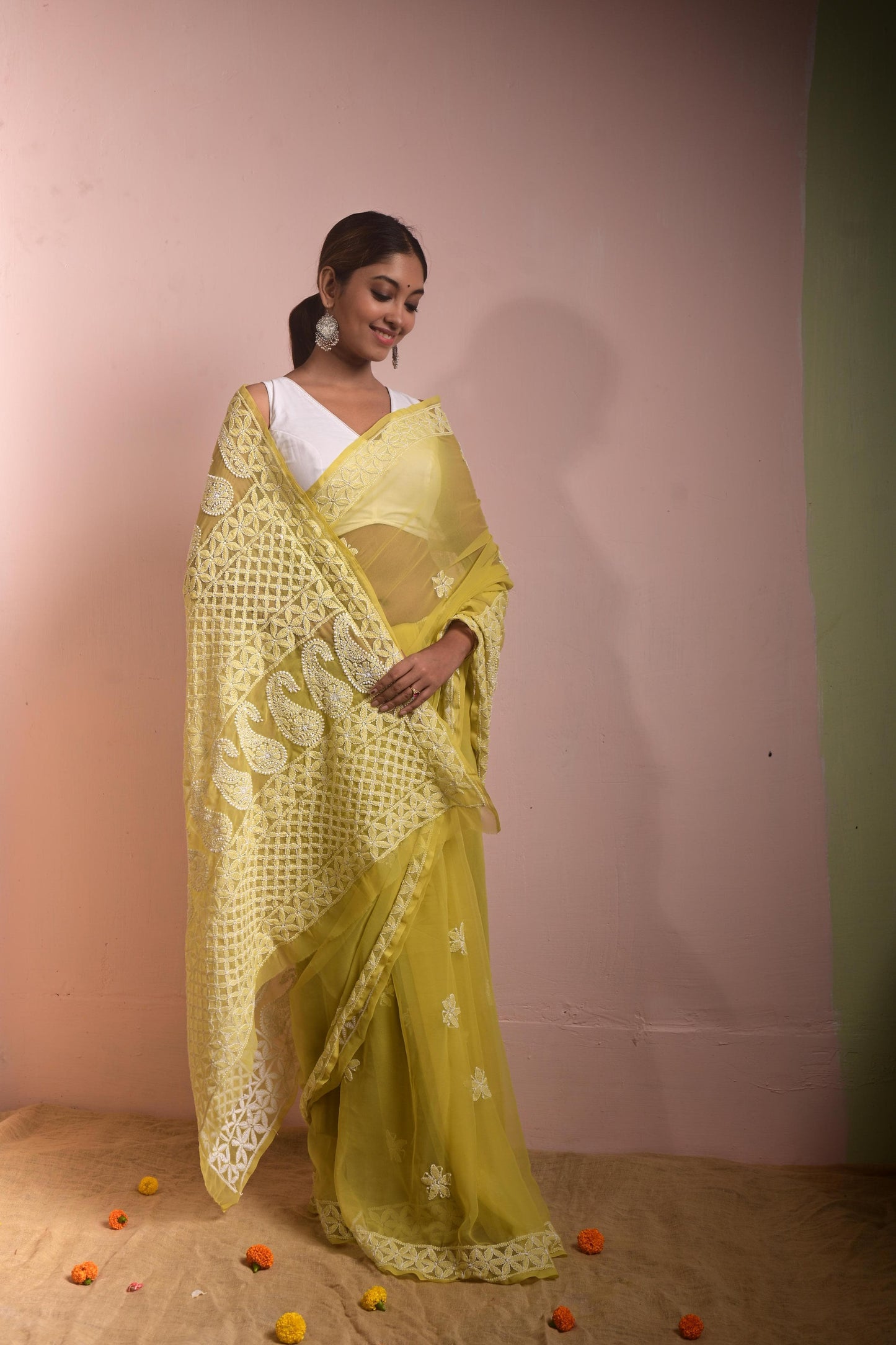 Pista Green Chikankari Saree