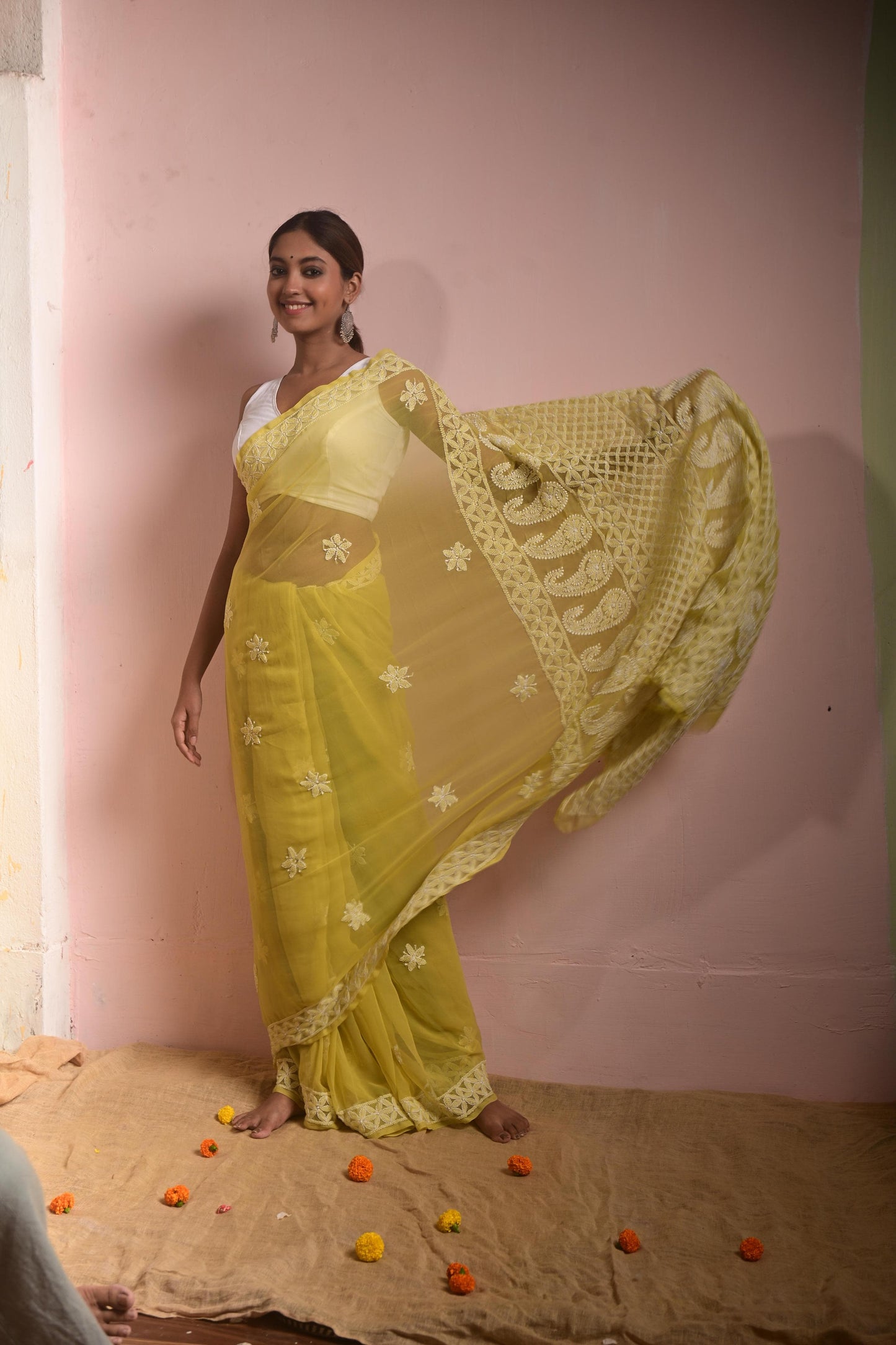 Pista Green Chikankari Saree