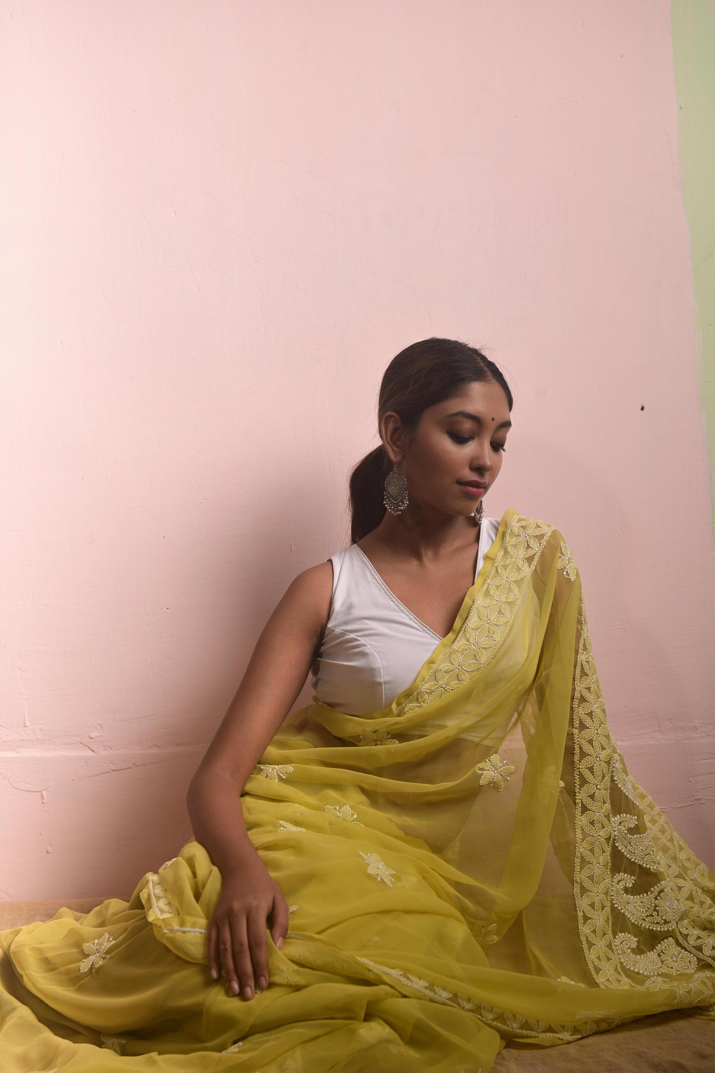 Pista Green Chikankari Saree