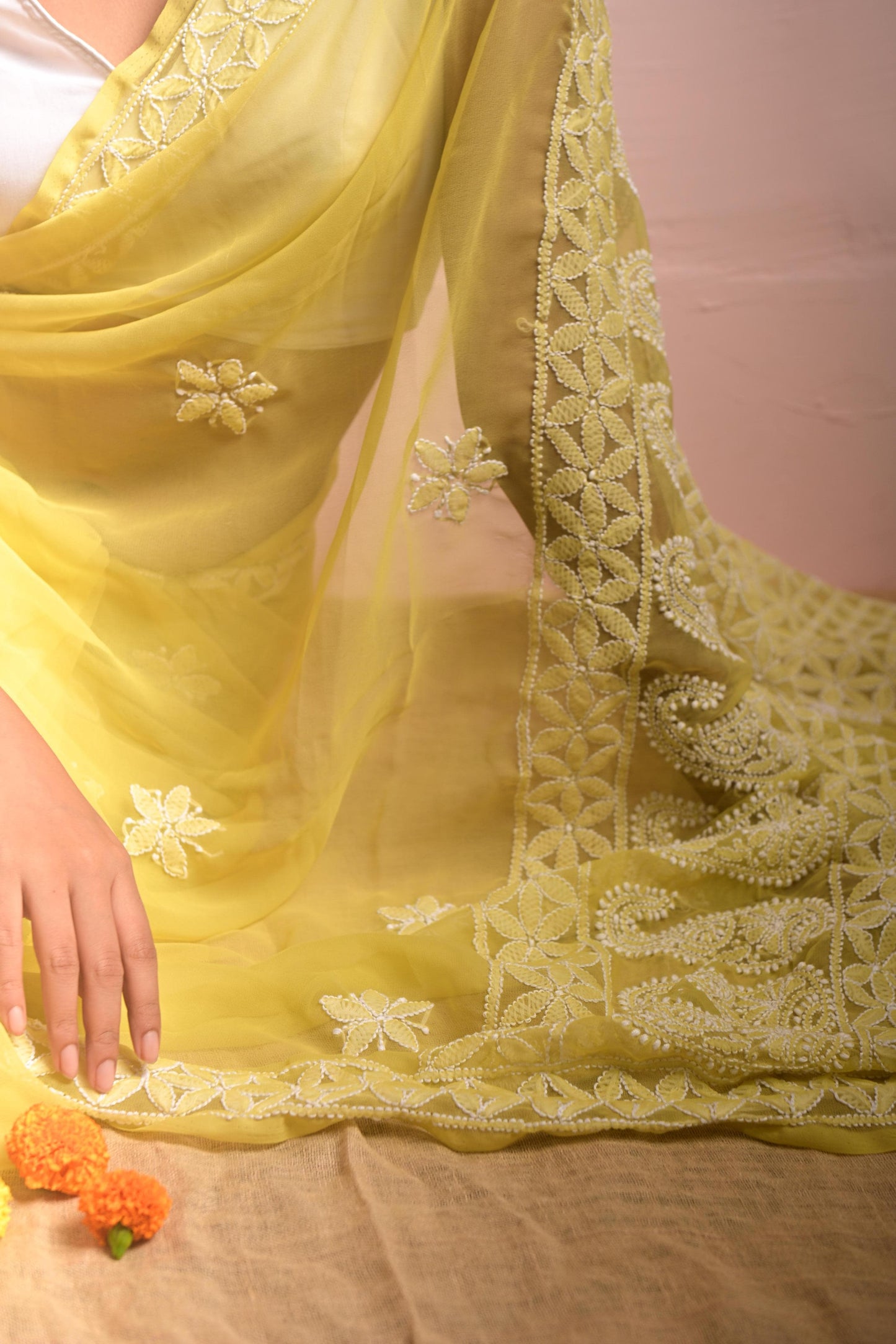 Pista Green Chikankari Saree