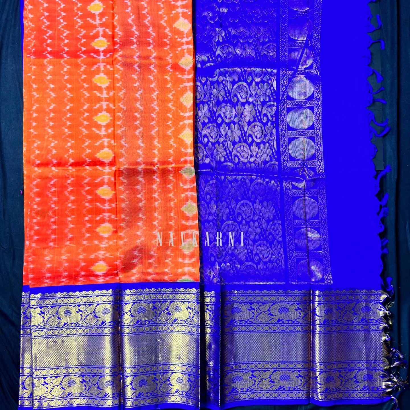 Ikkat Orange Mangalagiri Pattu Saree