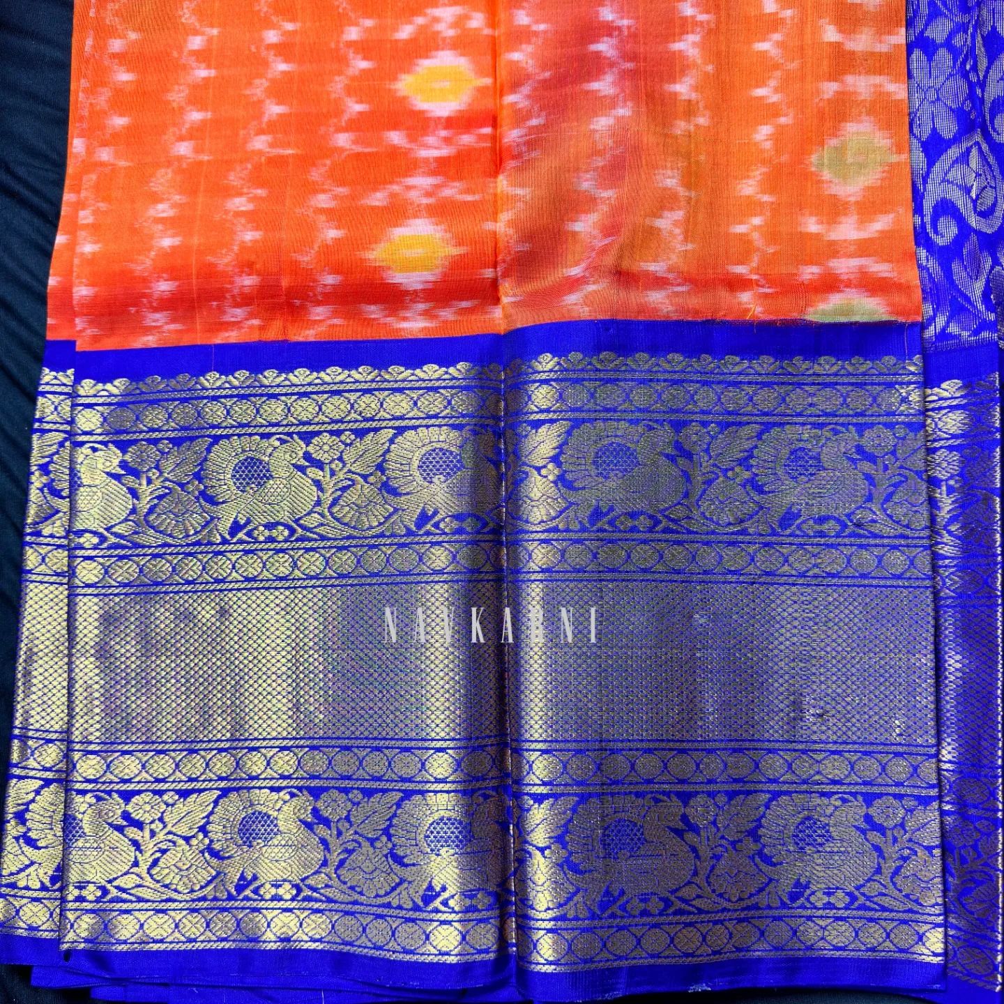 Ikkat Orange Mangalagiri Pattu Saree