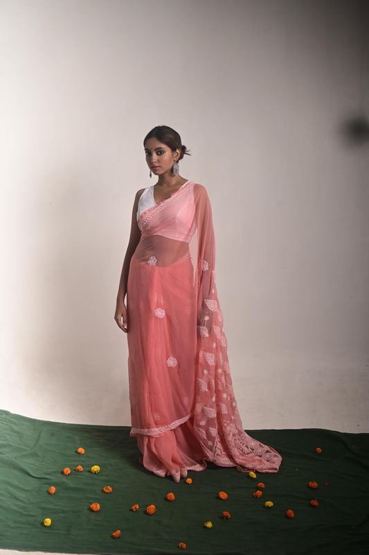 Peach Chikankari Saree