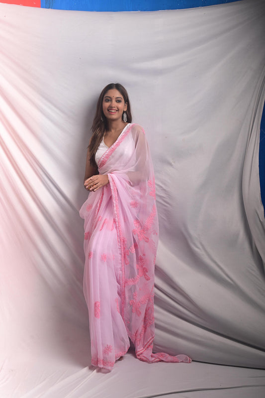 Pink Chikankari Saree